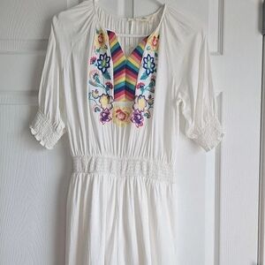 Boutique White Embroidered Romper Entro Boho Bohemian Hippe Smocked V-neck Small